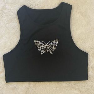 black cropped top with butterfly.